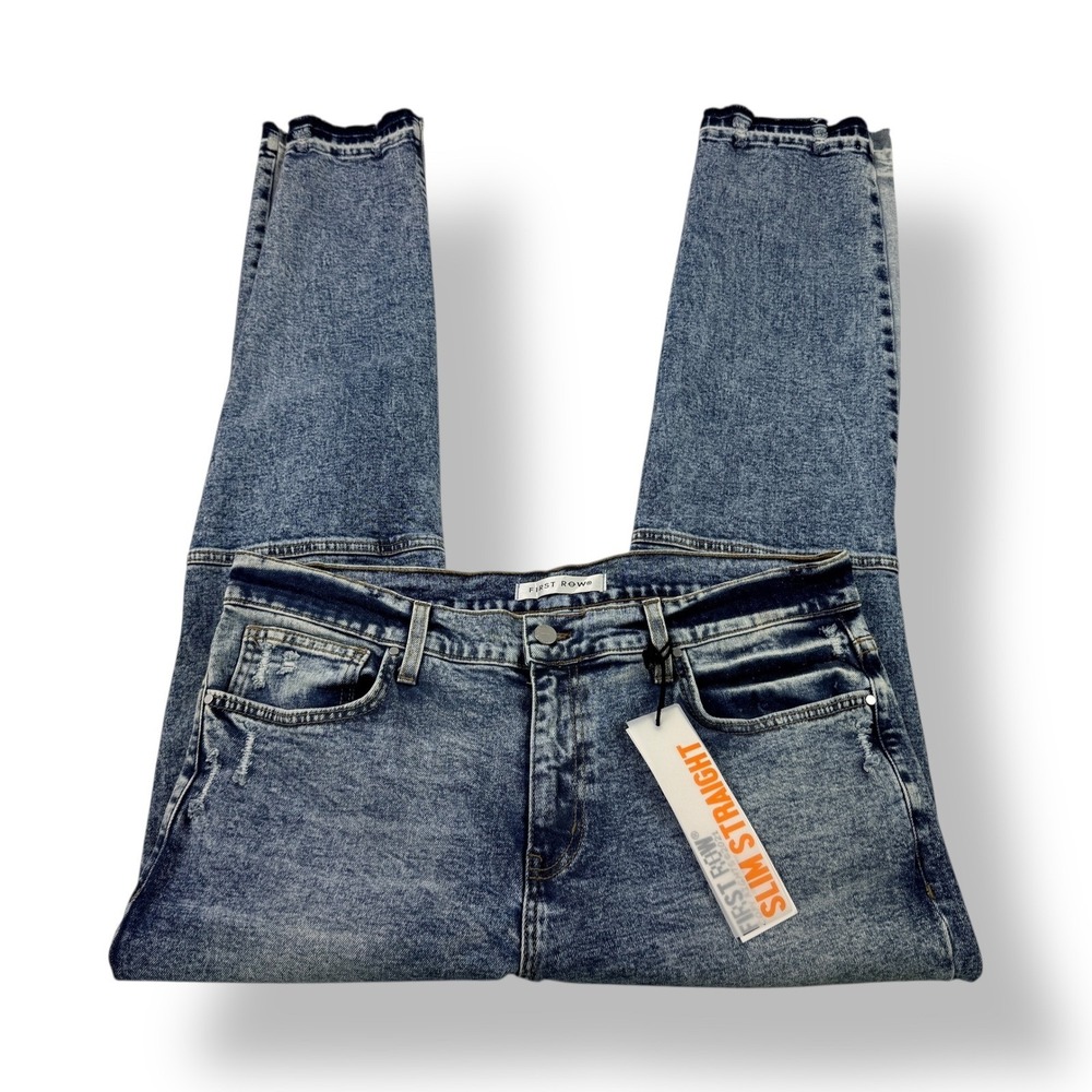 FIRST‎ ROW Mens Slim Straight Acid Wash Jeans American Flag Pocket 38x32 NWT